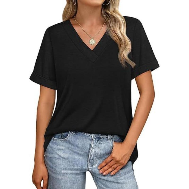 Европейские и американские трансграничные женские весенне-летние новинки, однотонные, с V-образным вырезом, повседневные, универсальные, короткорукавные футболки, в наличии S чёрный