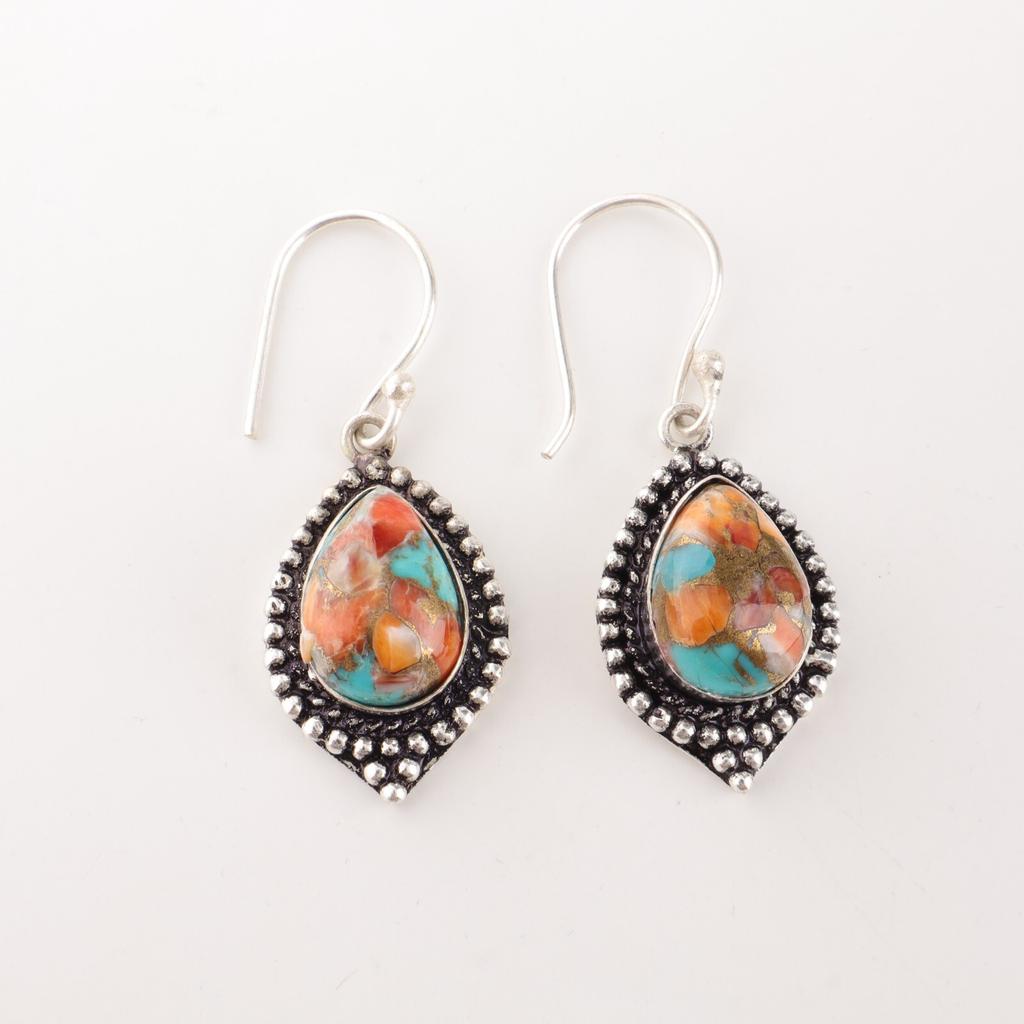 Natural Spiny Oyster Gemstone 925 Sterling Silver Jewelry Handmade Earrings 1.6" EE-164-45