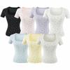 T-shirt imprimé style américain à col en U pour femme, été 2026, haut élastique ajusté cintrant la taille à manches courtes, sous-vêtement moulant