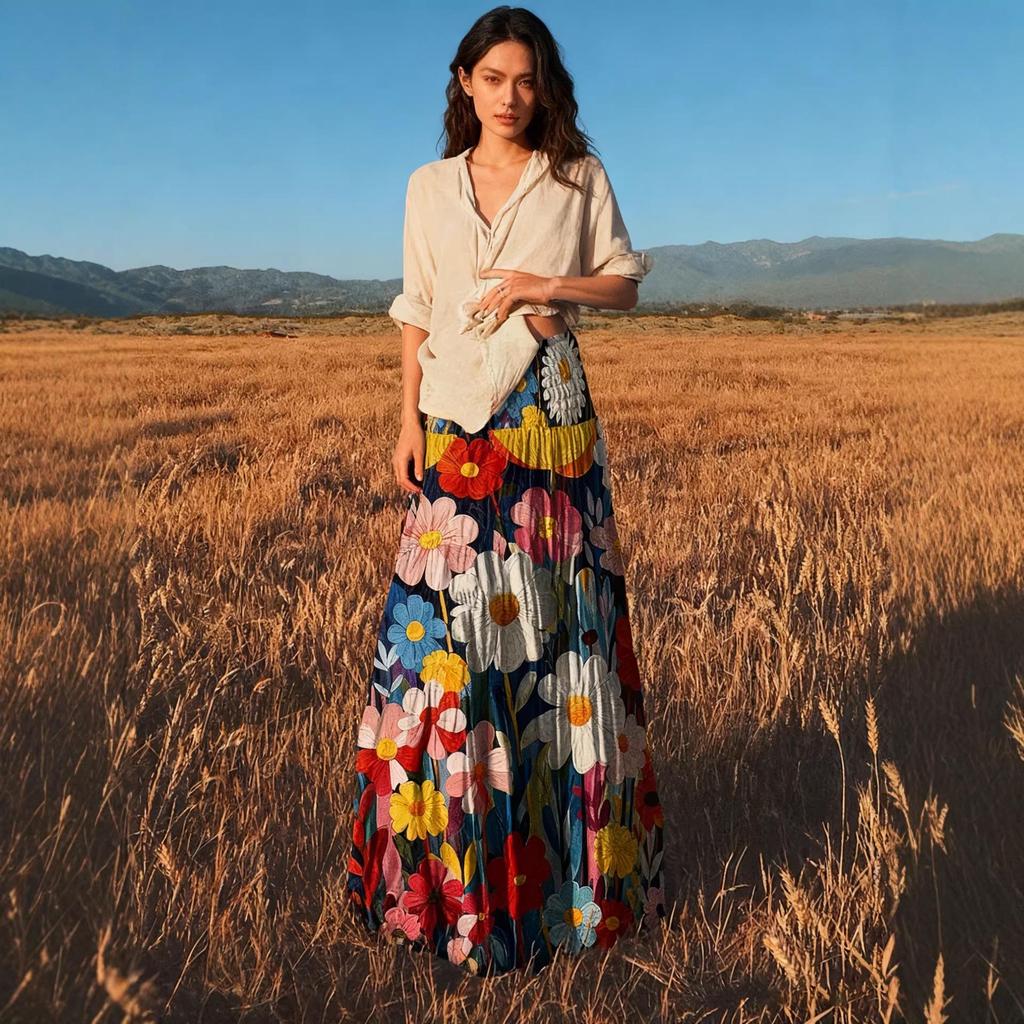 European & American Women's Floral Bohemian Half Skirt with Wide Hem & Elastic Waist