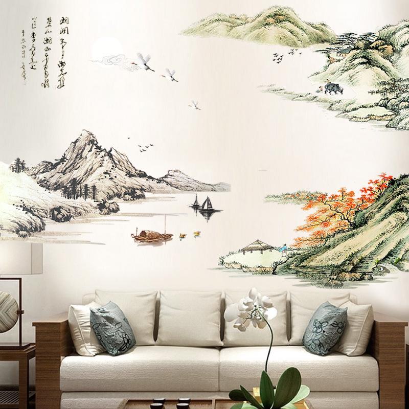 Adesivo de Parede Estilo Chinês Pintura de Paisagem para Sala de Estar Quarto Escritório Decoração de Casa Autoadesivo Decalque de Parede