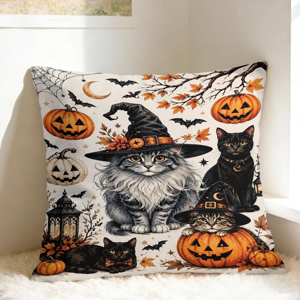 Witchy Black Cats Halloween Pillow Cover Pet Lover Soft Cushion Cover Cute Funny Pillow Case For Living Room Chair