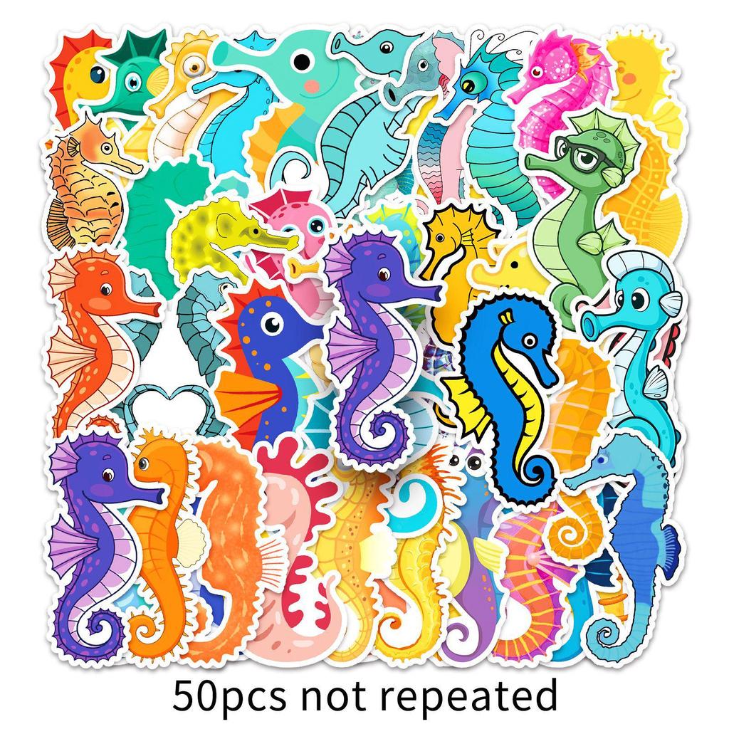 50 Seahorse & Marine Life Cartoon Stickers for DIY Projects, Water Bottles, Stationery, and Planners