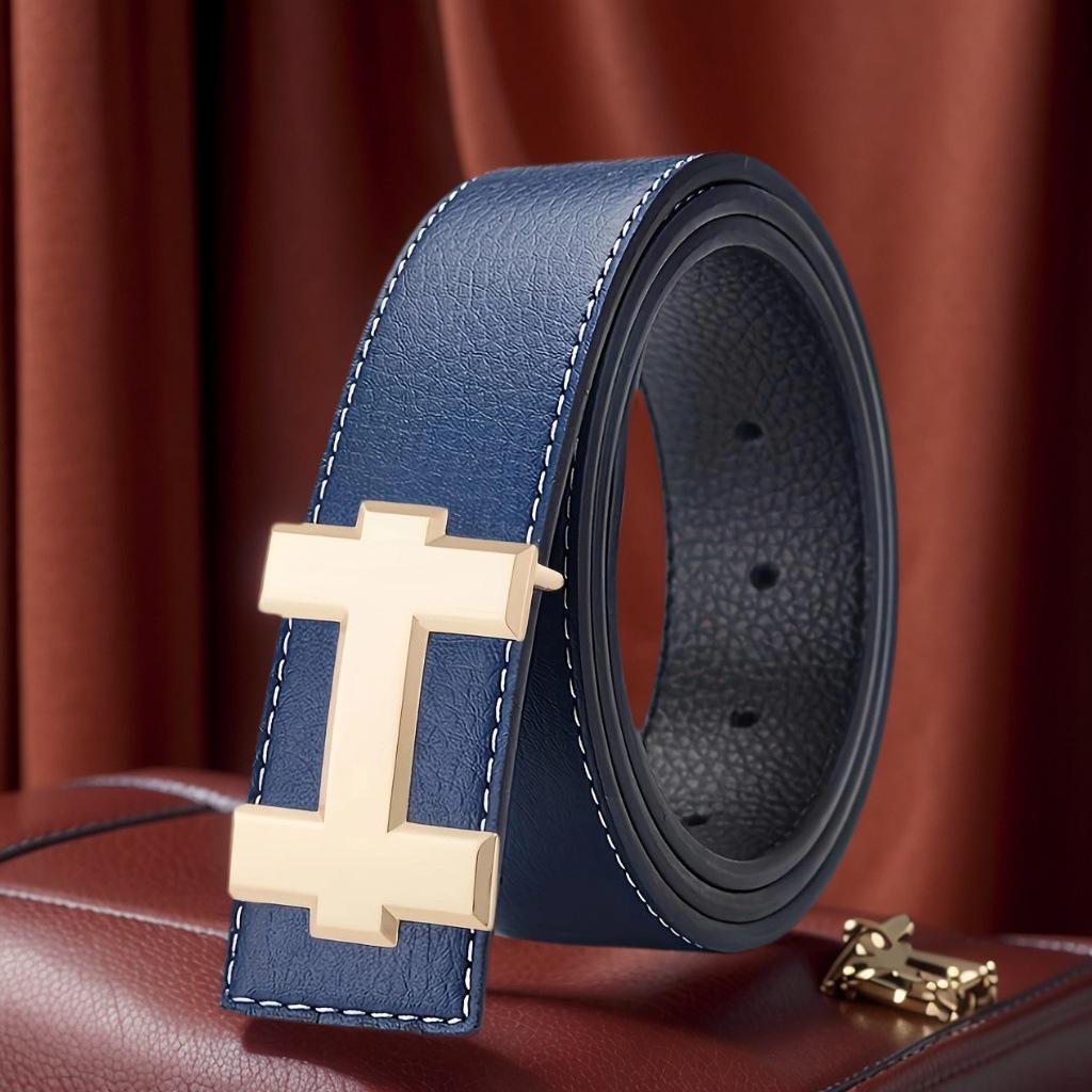 Unisex Korean H Buckle Genuine Leather Belt with Lychee Grain Design