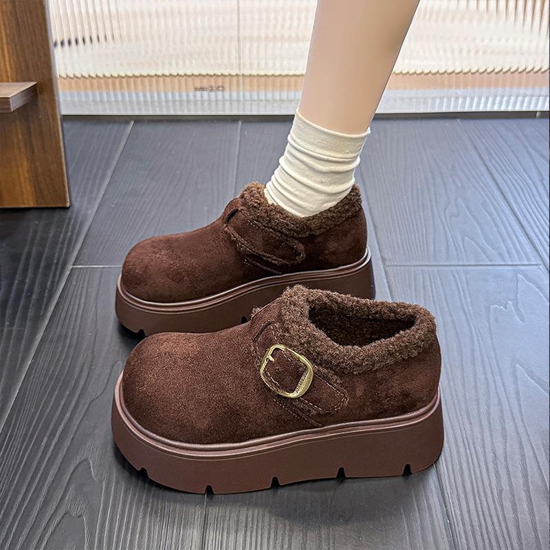 Tjockbottnade sammetshelskor för damer, vinternyhet, retro, fluffiga bomullsskor, en pedal, varma snöstövlar