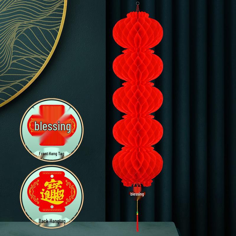 Foldable Thickened Plastic Paper Lanterns - Festive Small Red Honeycomb String for Wedding and New Year Decorations.