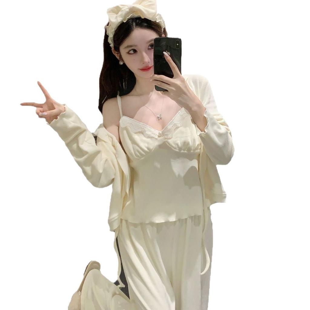 Autumn and winter island fleece with chest pad pajamas three-piece set sexy suspenders pure desire long-sleeved trousers double-sided fl loungewear