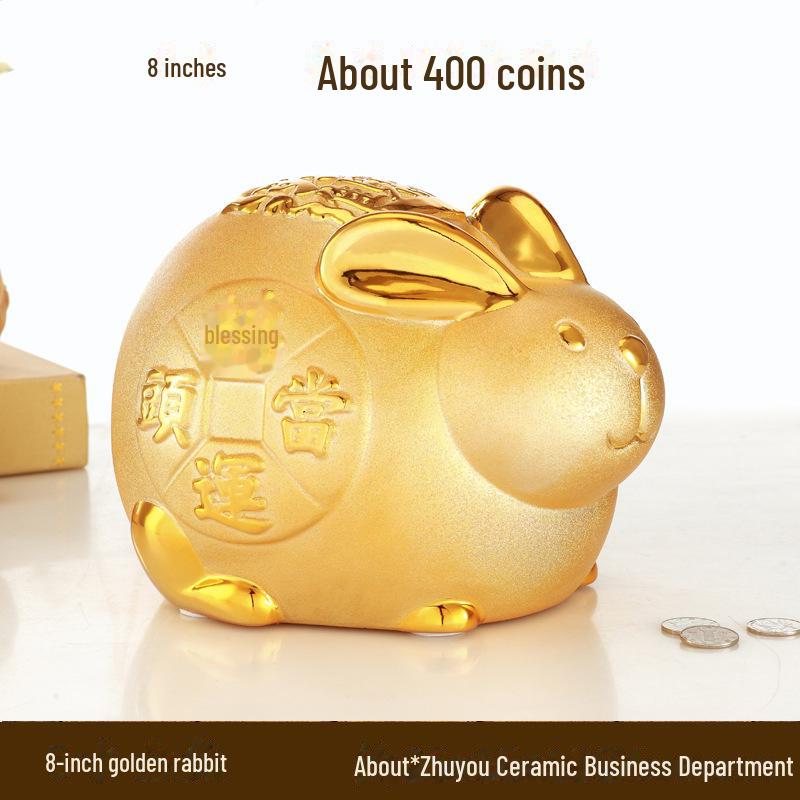 Glücksbringer-Sparschwein aus Keramik, goldenes Kaninchen, kreatives Geschenk und Heimdekoration