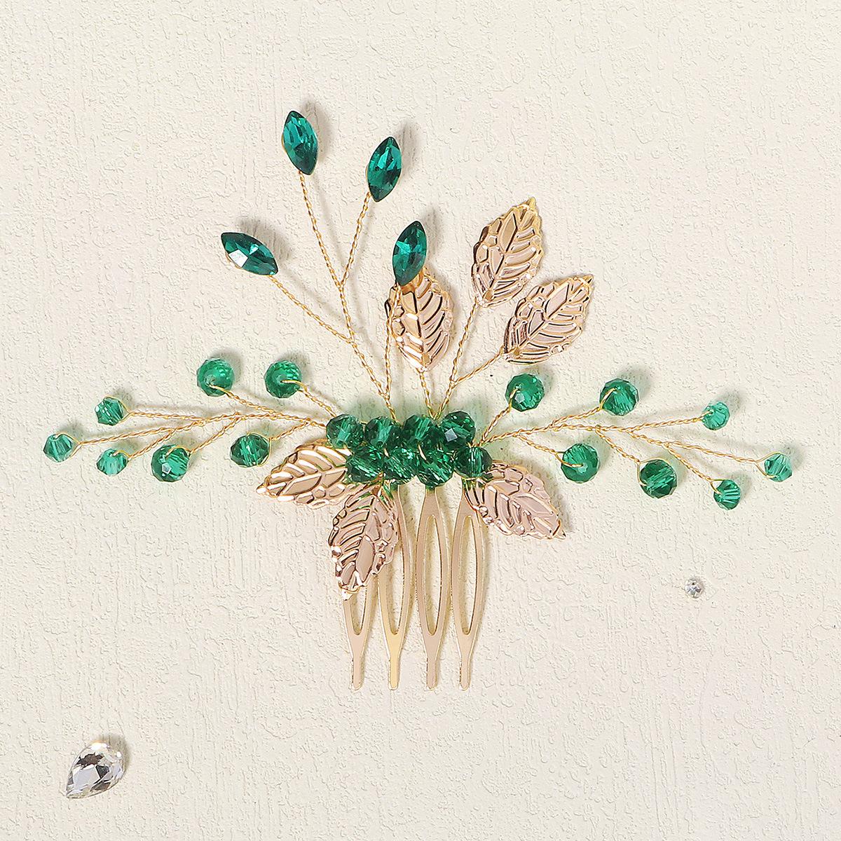 

Retro Alloy Rhinestone Plug Comb Handmade Leaf Green Crystal Headdress Antique Hanfu Jewelry Bridal Hair Comb