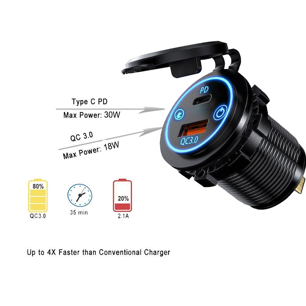 IP65 Waterproof 12-24V Car Charger Socket, PD QC3.0 Dual USB Type C Fast Charging Power Outlet with ON/OFF Switch for Motorcycle, Truck, RV, ATV, Boat