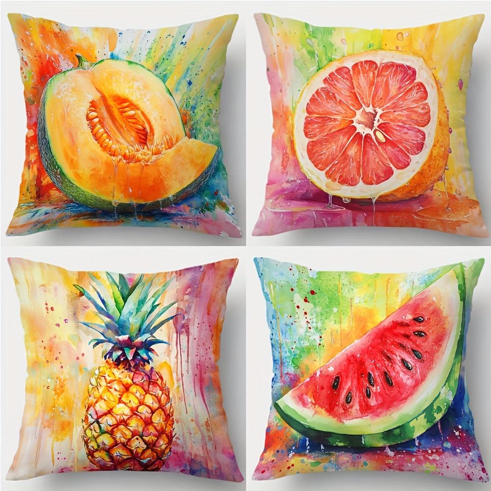 4Pcs Watercolor Fruit Throw Pillow Covers, Double-Sided Printed Pineapple Watermelon Print Cushion Cases, Summer Tropical Decor