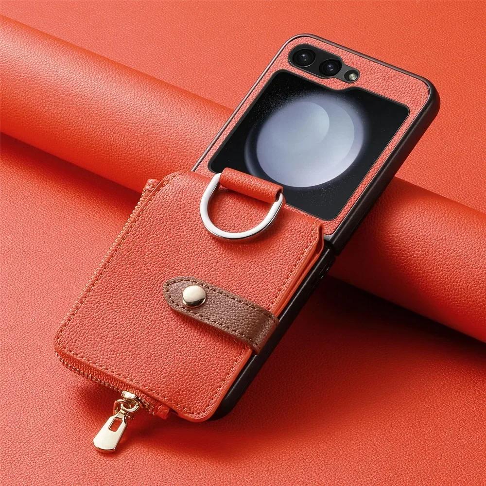 Prstenový kryt na telefon s držákem na karty pro Samsung Z Flip 6 5 4 3 Flip6 Flip5 Flip4 Flip3 5G Zipová peněženka PU kožený kryt