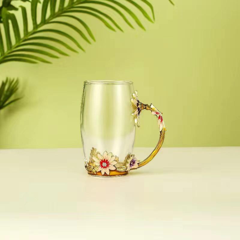 Chrysanthemum Enamel Glass Tea Cup - Lead-Free Crystal Coffee Cup Gift