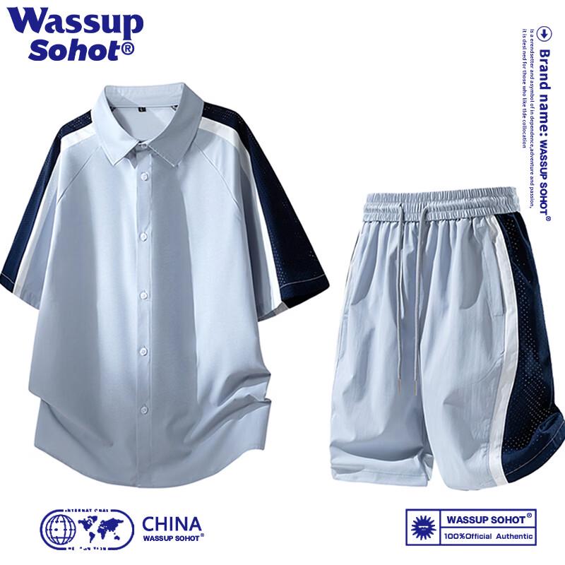 

Wassup Sohot Men s Summer Striped Color-block Shirt & Shorts Set L