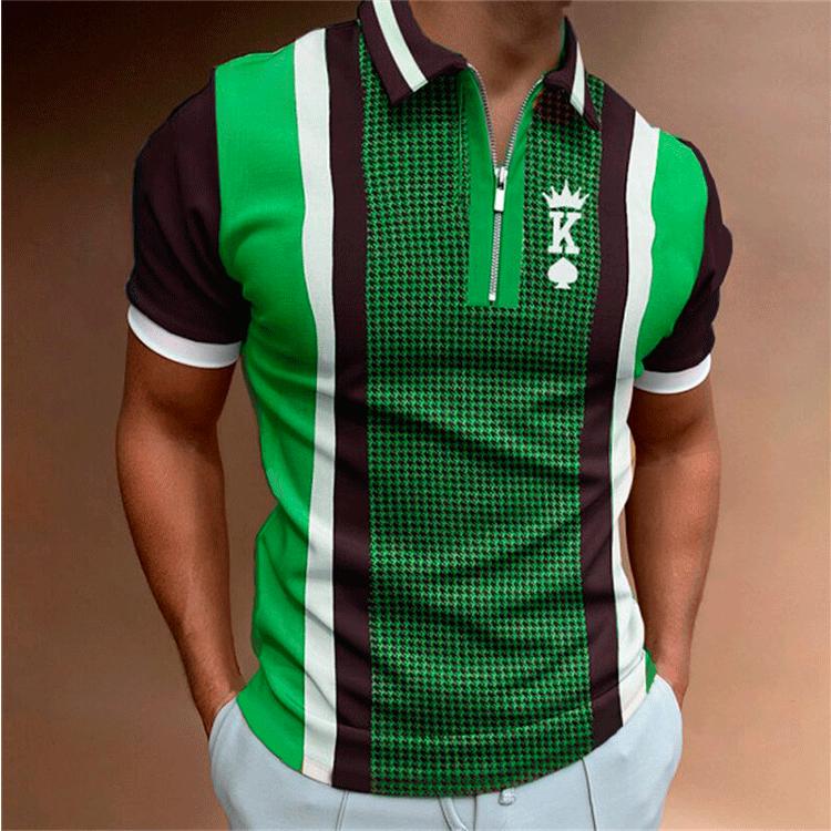 

Spring and Summer Men s Short Sleeved Polo Shirt Casual Striped Checkered Printed Zipper Pullover XXXL зелений