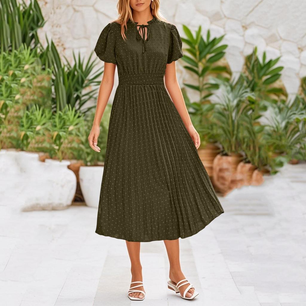 Women's Summer Fashion Loose V-Neck Short Sleeve Tie Solid Color Dresses