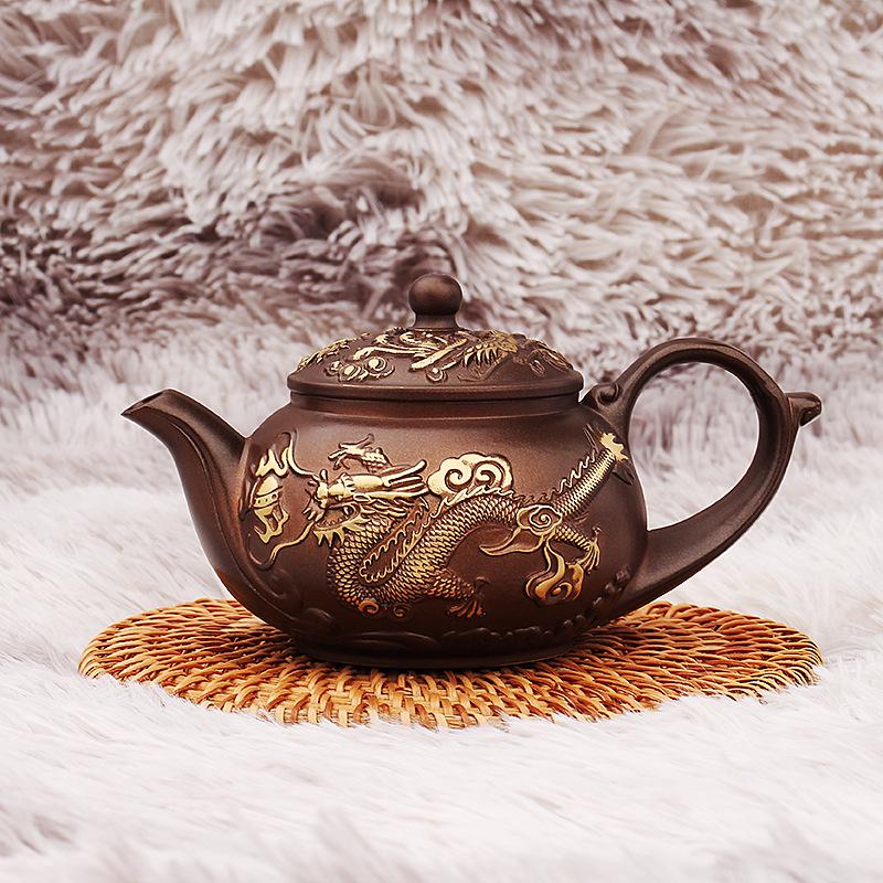 Brass Dragon & Phoenix Teapot Set: Elegant Tea & Coffee Table Décor