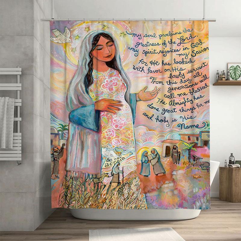 Artistic Shower Curtain Featuring A Colorful Depiction Of Mary With Jesus In Her Womb And Biblical Scenes Perfect For Adding A T W60H190(CM)-1 Pcs