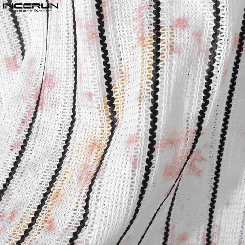 INCERUN Men Long Sleeve Striped Crochet Hollow Semi-Sheer Texture Tops T-shirts