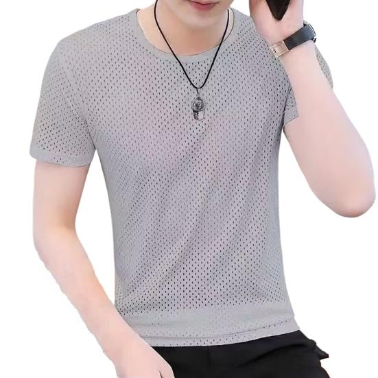 Мужской Топ Дышащий Круглый Вырез Быстросохнущий Сетчатый Дизайн Короткий Рукав Универсальный Однотонный Мужской Летний Топ Одежда для Прогулок 3XL светло-серый