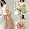 Pajamas Women Long-Sleeved Trousers Set Comfortable Simple Loose Cute Sweet Cartoon Bear Homewear Outside Sleepwear Girl Clothes