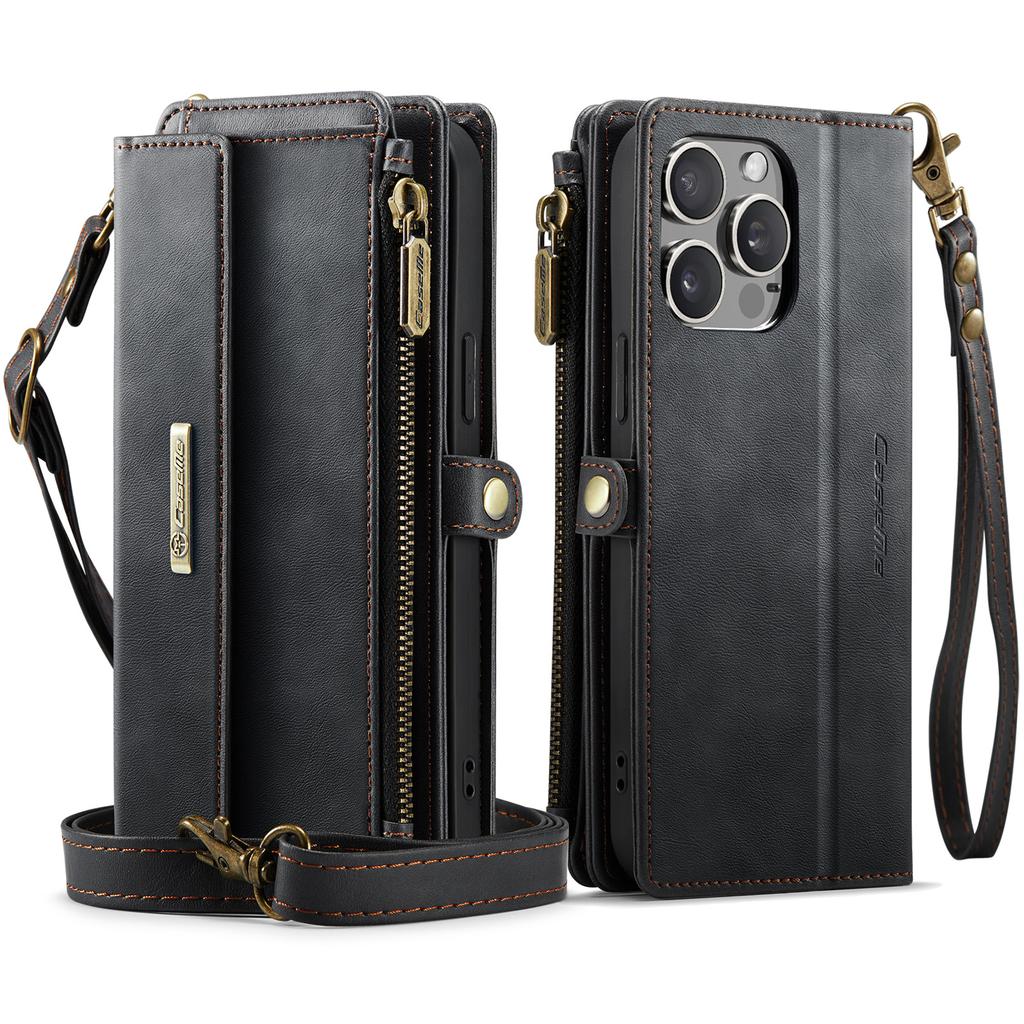 For iPhone 12 Pro 6.1 inch/iPhone 12 6.1 Inch Case CASEME C39 RFID Blocking Zipper Wallet Stand Leather Cover with Strap