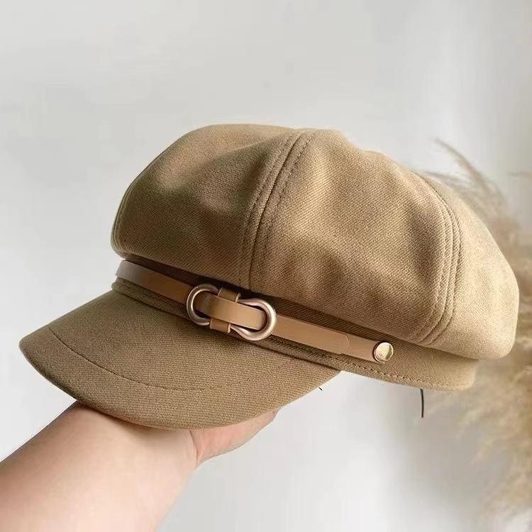 Autumn and Winter Hat Women's Retro Belt Buckle Octagonal Hat Showing Face Newsboy Hat Literary Cap
