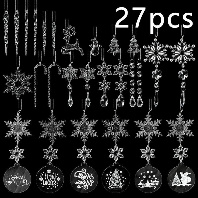 27Pcs Shatterproof Crystal Snowflakes Icicle Hanging Decorations Christmas Tree Ornament Winter Festival Decors