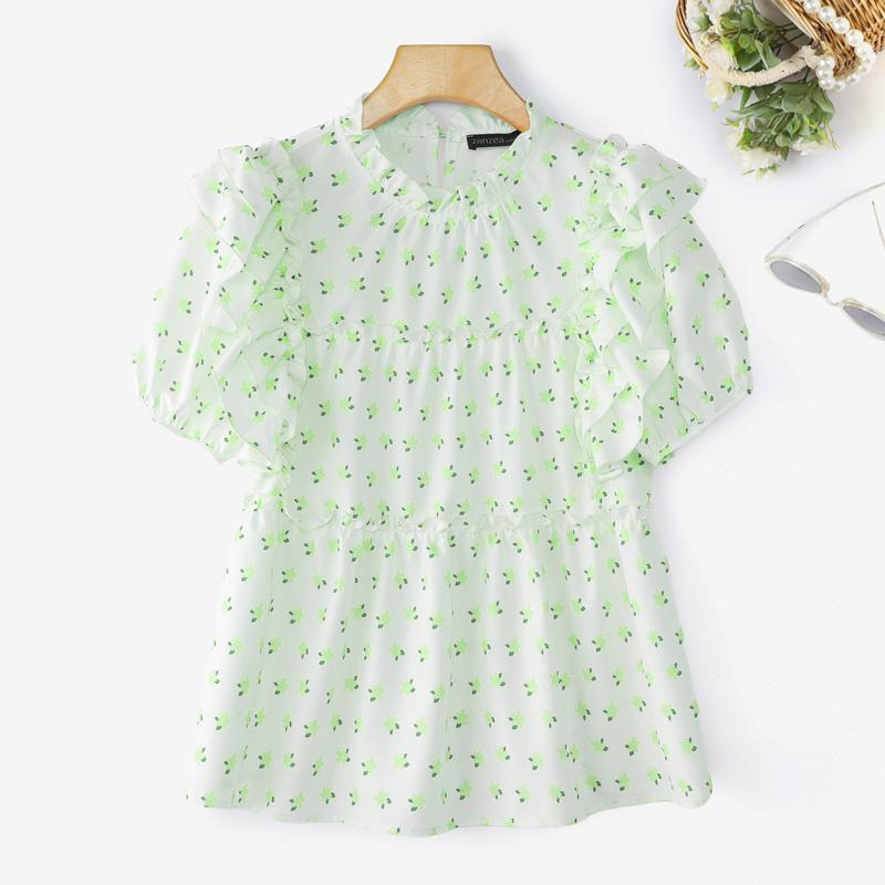 ZANZEA Women Casual Round Neck Short Sleeve Floral Print Summer Blouse