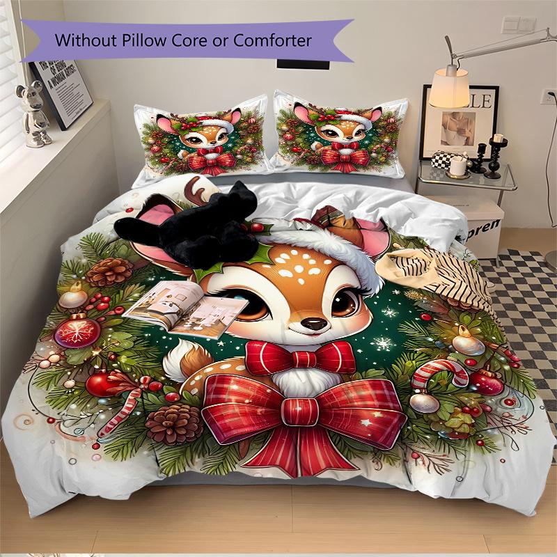 3pcs Christmas Plum Deer Bedding Set - Includes 1 Quilt Cover and 2 Pillowcases, Comfortable Bedding with Stylish Design for Bedroom, Machine Was