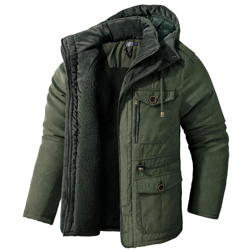 Winter Men's Jacket Large Size Warm Hooded Thickened Multi Pocket Casual Mid Length Coat