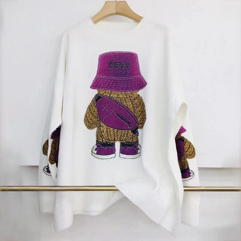 2023 Autumn/Winter Bear Rhinestone Mink Velvet Sweater - Women's Soft, High-Class Feel Printed Top