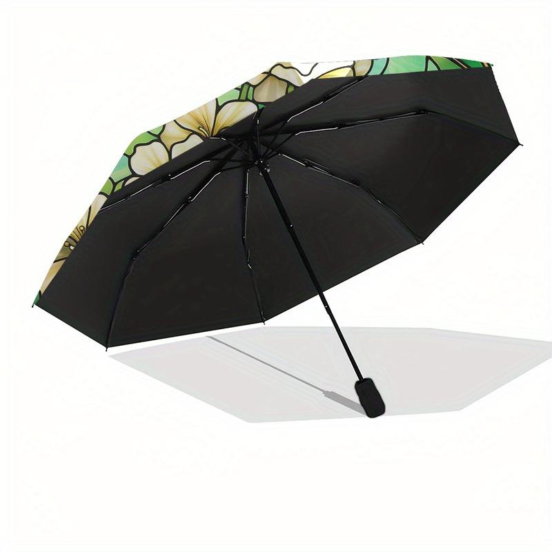 Stained Glass Window Panel with White Flowers, Circular Art Decor Umbrella, Cute Umbrella with Cute Design, Portable 3-Fold Compact Umbrella for Men &