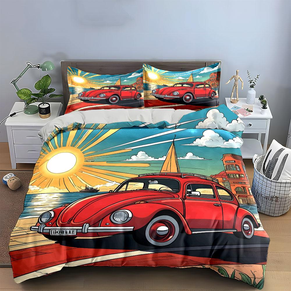 Vintage Car Summer Beach Set Exquisite Three-Piece Bedding Set Gift For Kids And Adults