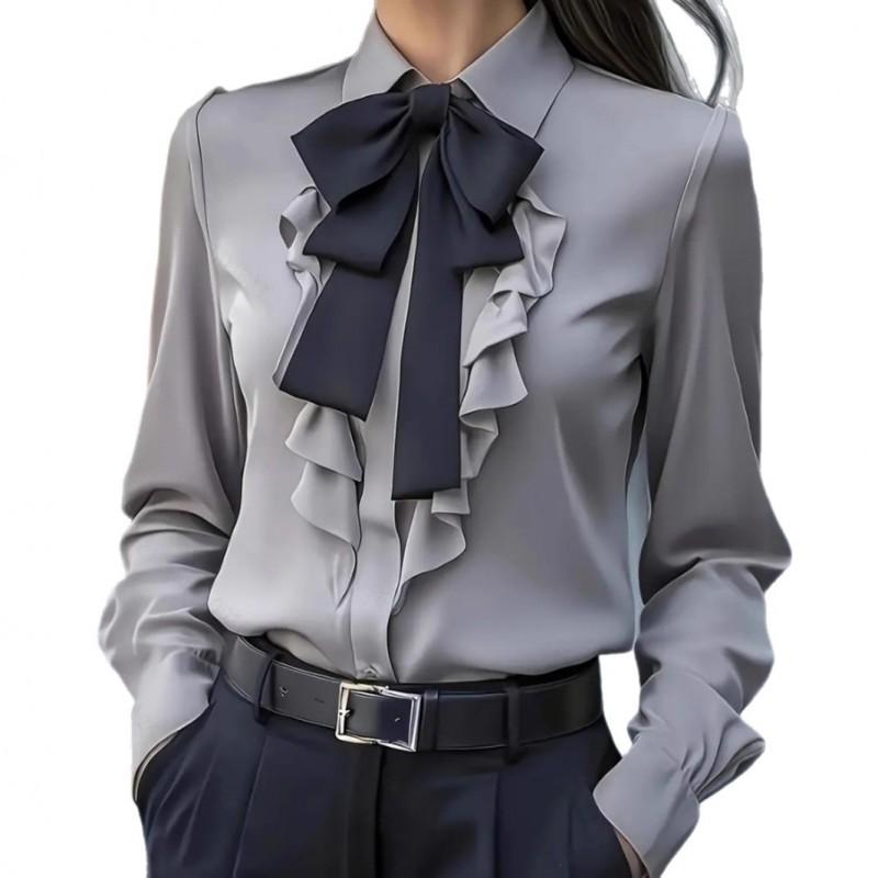 Womens Solid Color Long Sleeve Blouse With Bow Tie Neck Ruffle Trim Office Chic Style