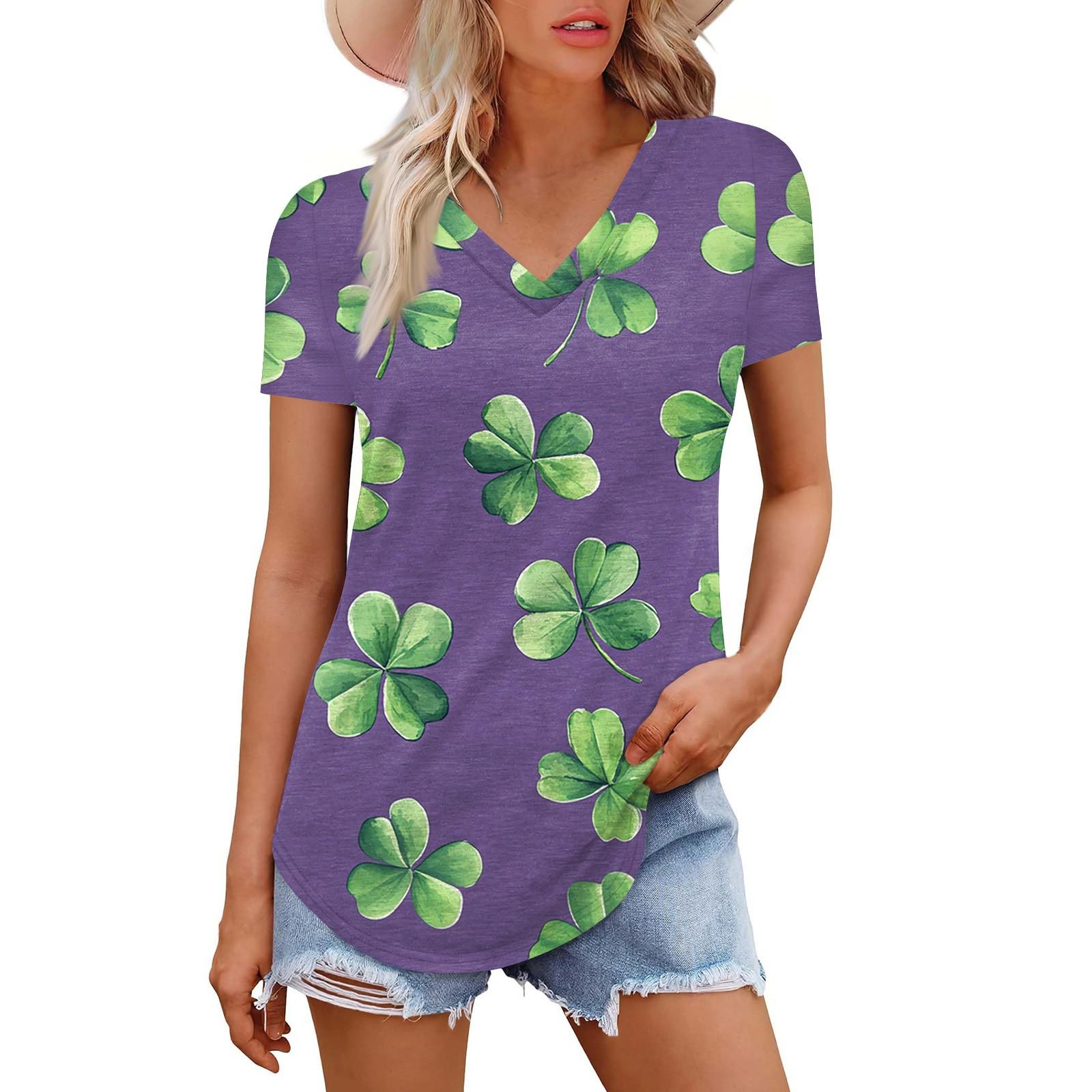 

Жіноча мода повсякденна з коротким рукавом і принтом у чотири листи. Футболка до Дня Патріка. Сорочка. Темпераментна сорочка. Верх із v-подібним вирізом XL фіолетовий