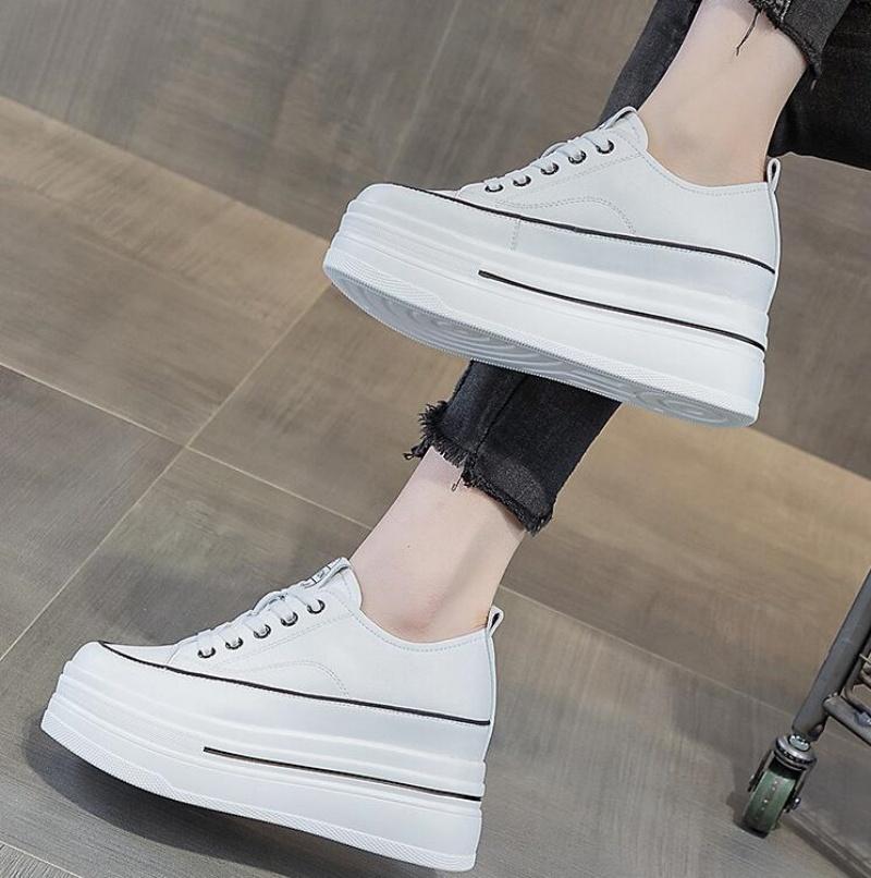 2024 8cm Echtes Leder Vulkanisiert Sommer High Brand Bequem Frühling Herbst Plateau Vulkanisiert Damen Klobiger Sneaker Slipper Schuhe