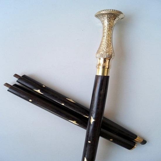 Gold Antique Long Knob Handle Vintage Walking Stick Cane Brass Wood