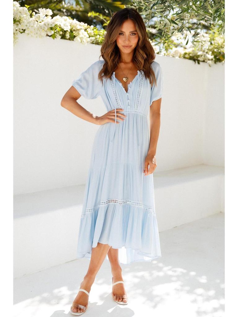 European and American Style Women's Lace Short Sleeve Dress - High Waist Slimming Mid-Length Dress
