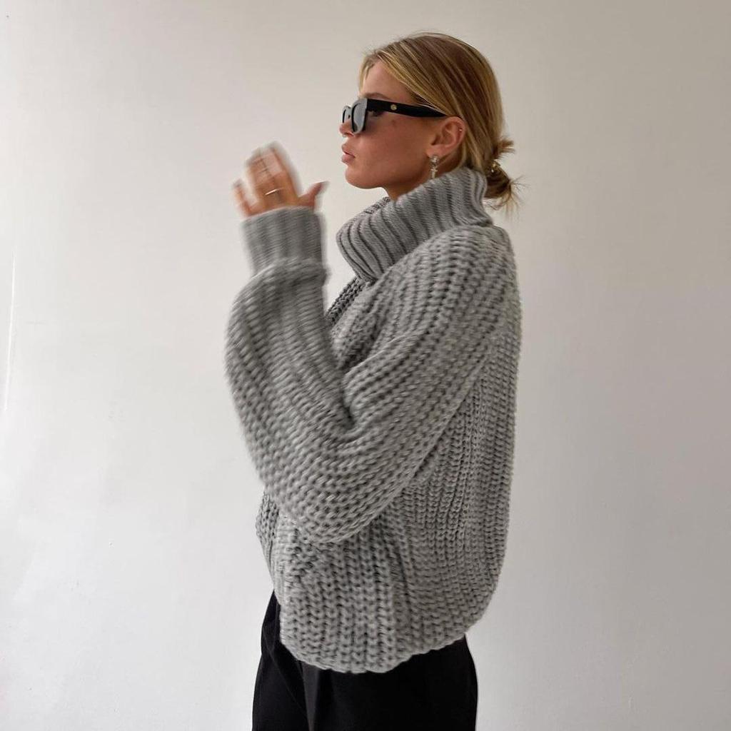 Autumn Winter Vintage Loose Long Sleeve Top Solid Color Pullover Knitwear Stand Collar Sweater