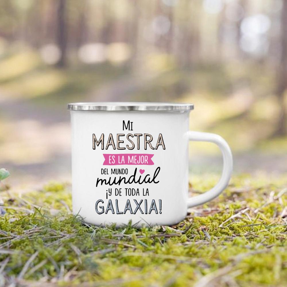 Best Teacher in The World Spanish Printed Mug Creative Coffee Cups Drinks Enamel Cup Vintage Handle Drinkware Gifts for Teacher