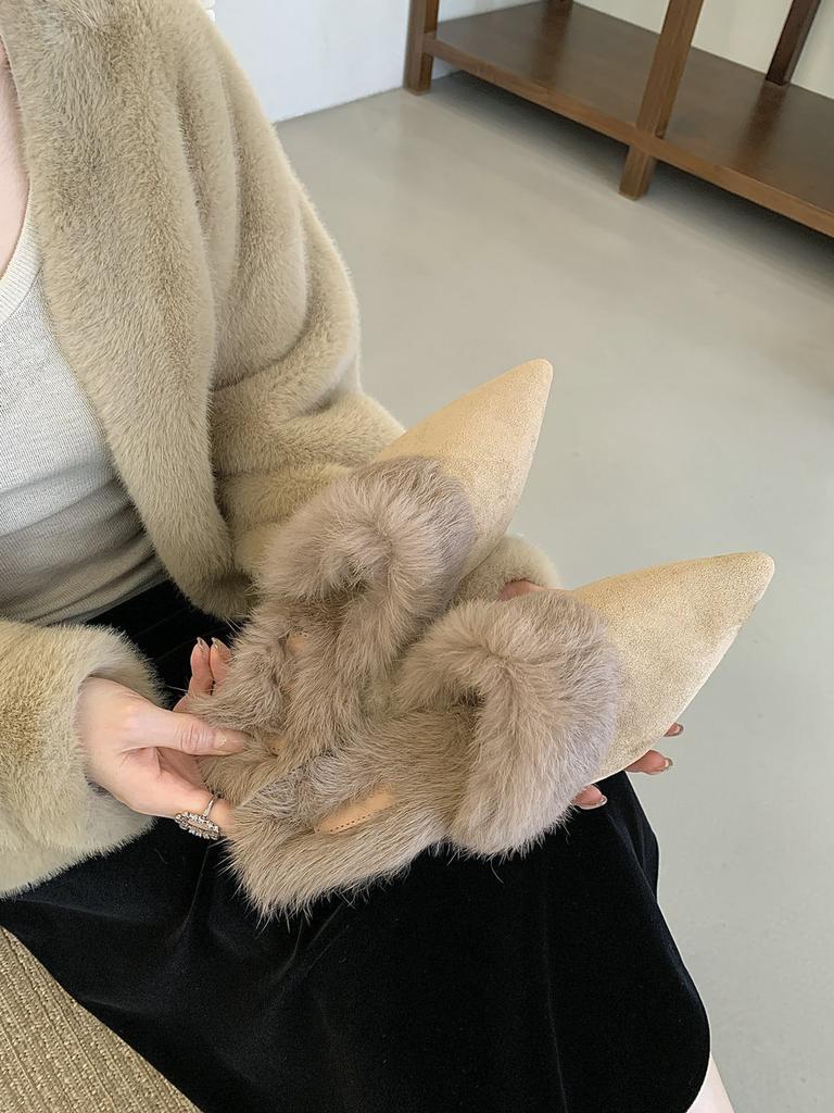 2025 Autumn and Winter New Kitten with Pointed Head Fluffy Half Slippers Outside Wearing Bag Head Real Hair Short with Mueller Bag Head Drag