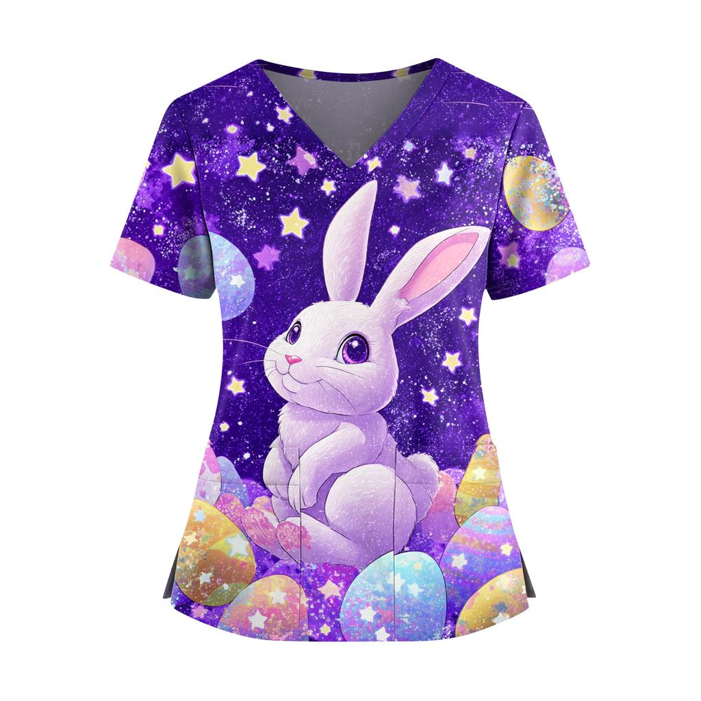 Women's Easter Print V-Neck Double Pocket Short Sleeve  Uniform Top With Slit Hem