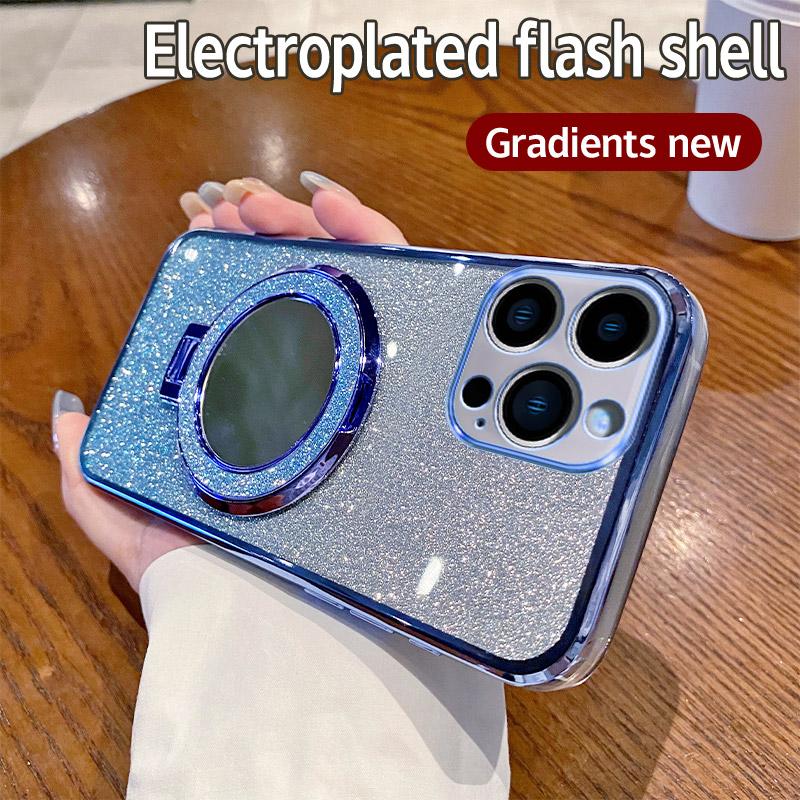 

Милый силиконовый чехол с зеркальным блеском для iPhone 16 15 14 13 12 11 Pro Max X XR Xs Max 7 8 Магнитный держатель Простая противоударная крышка iPhone 15 Pro Max синий