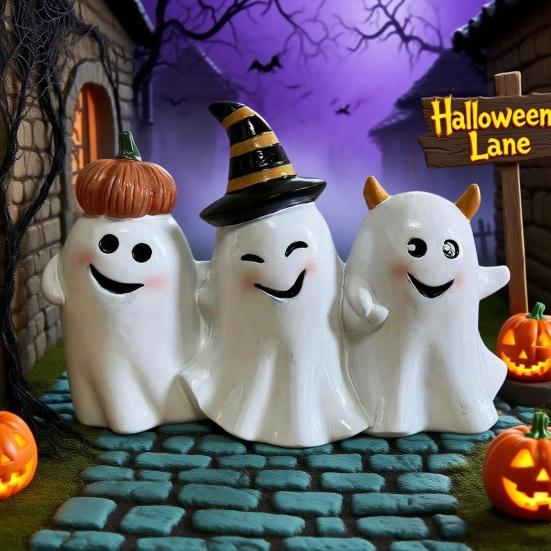 Halloween Ghost Figurine Cute 3 Ghosts Holding Hands Statue Resin Tabletop Ornament