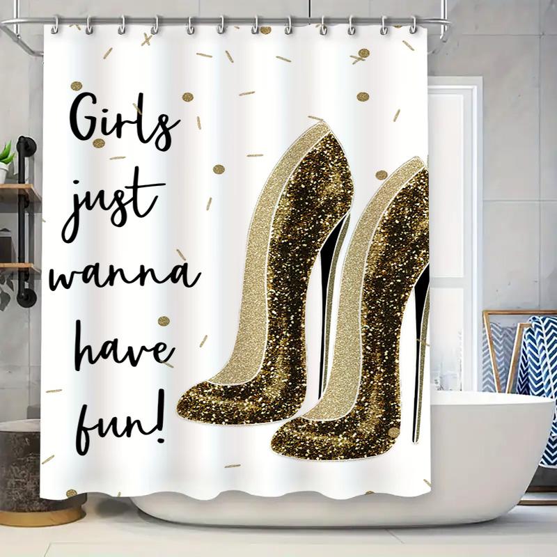 

Luxurious Golden High Heel Design Waterproof Shower Curtain For Bathroom Decoration Girls Just Wanna Have Fun 90x180cm