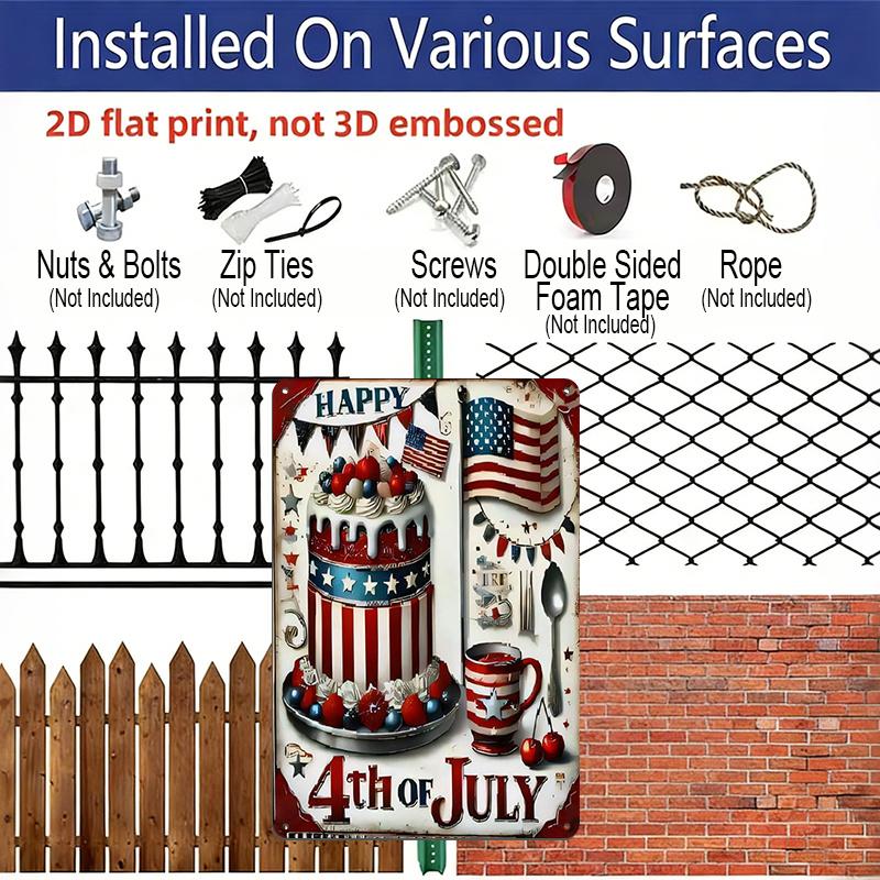 2D Flat 4th of July Aluminium Sign Vintage Independence Day Celebration Metal Sign Print Aesthetic Room Decoration for Home Bedroom Kitchen Bar