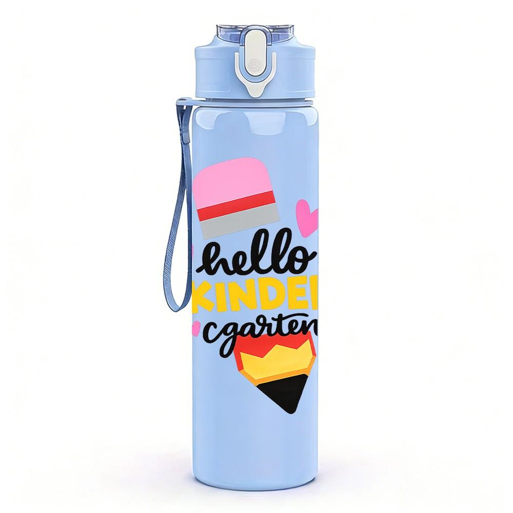 1PC Hello Kindergarten Rainbow Badge Print 750ml Color Plastic Sports Water Bottle Leakproof Flip Straw Lid Suitable for Sports Office Home Use