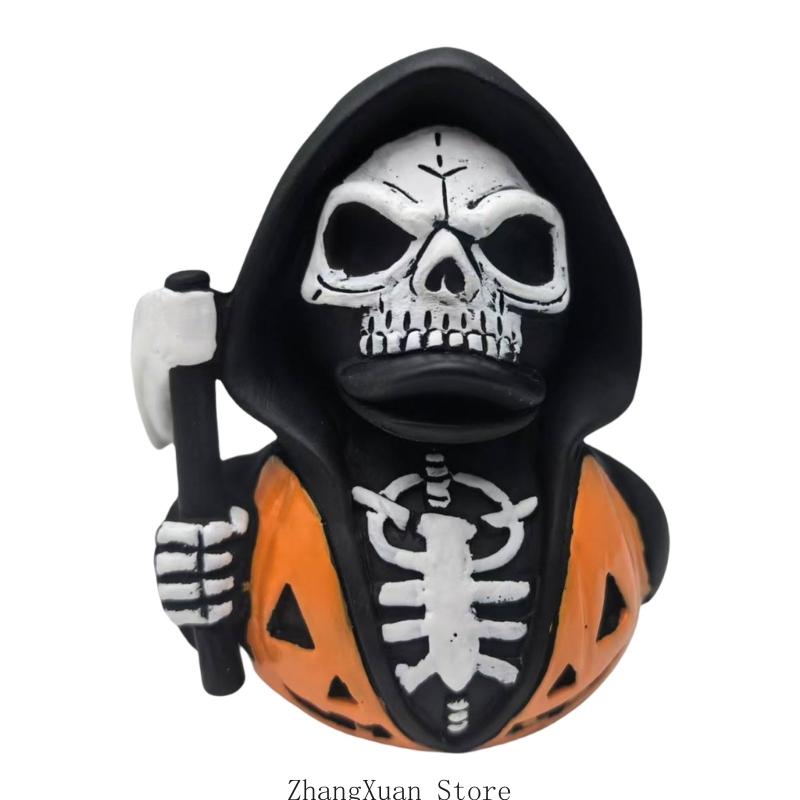 3XUF Eerie Scythe Holding Skeleton Statue Halloween Home Decoration Synthetic Resin Crafted Holiday Party Centerpiece