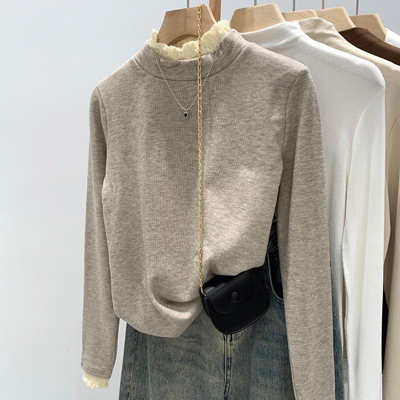 Women's German Velvet Lace Stand-Up Collar Long-Sleeve Shirt, Ideal for Spring, Autumn, and Winter.